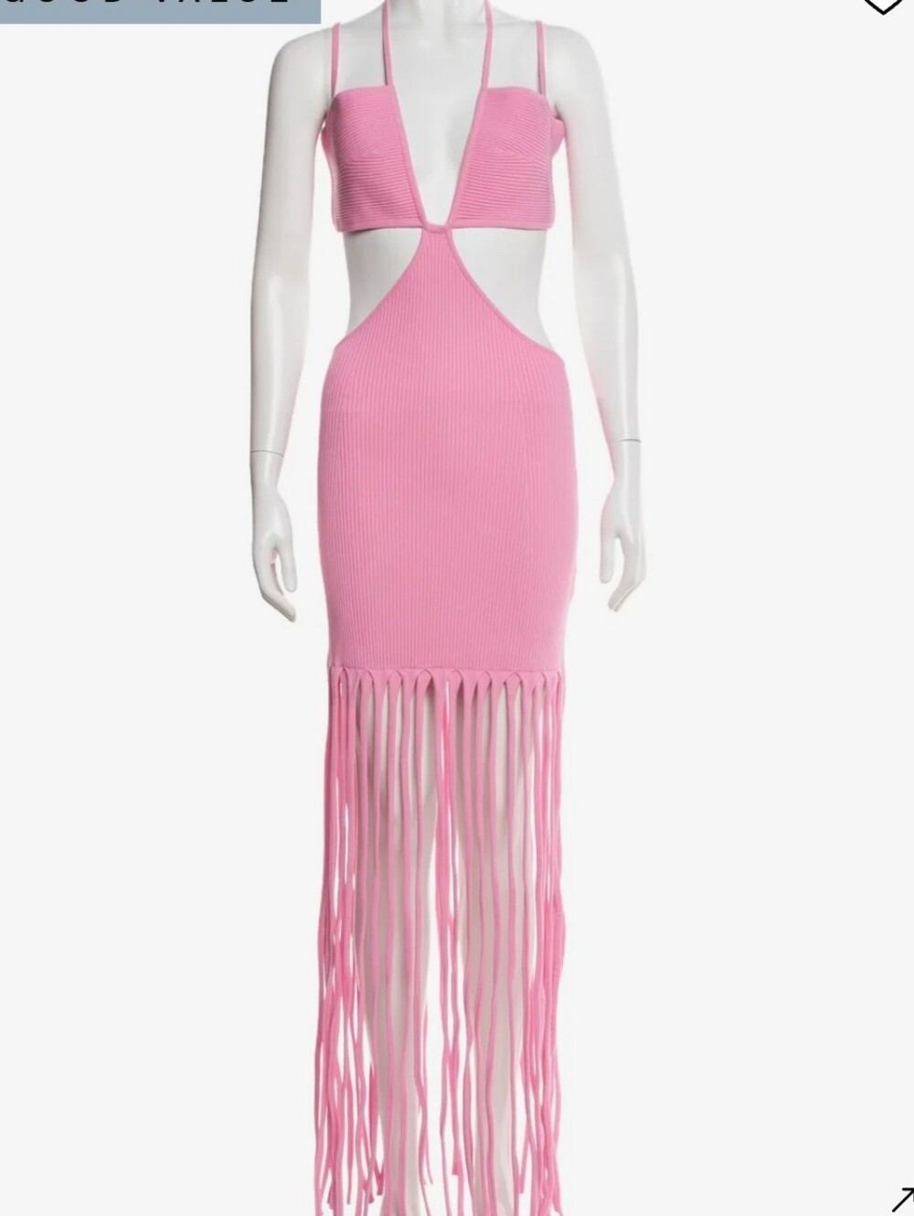 Pink Asymmetrical Fringe Cutout Maxi Dress with Tie Front